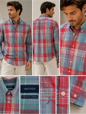 Nautica Men's Red and Teal Plaid Button-Down Shirt